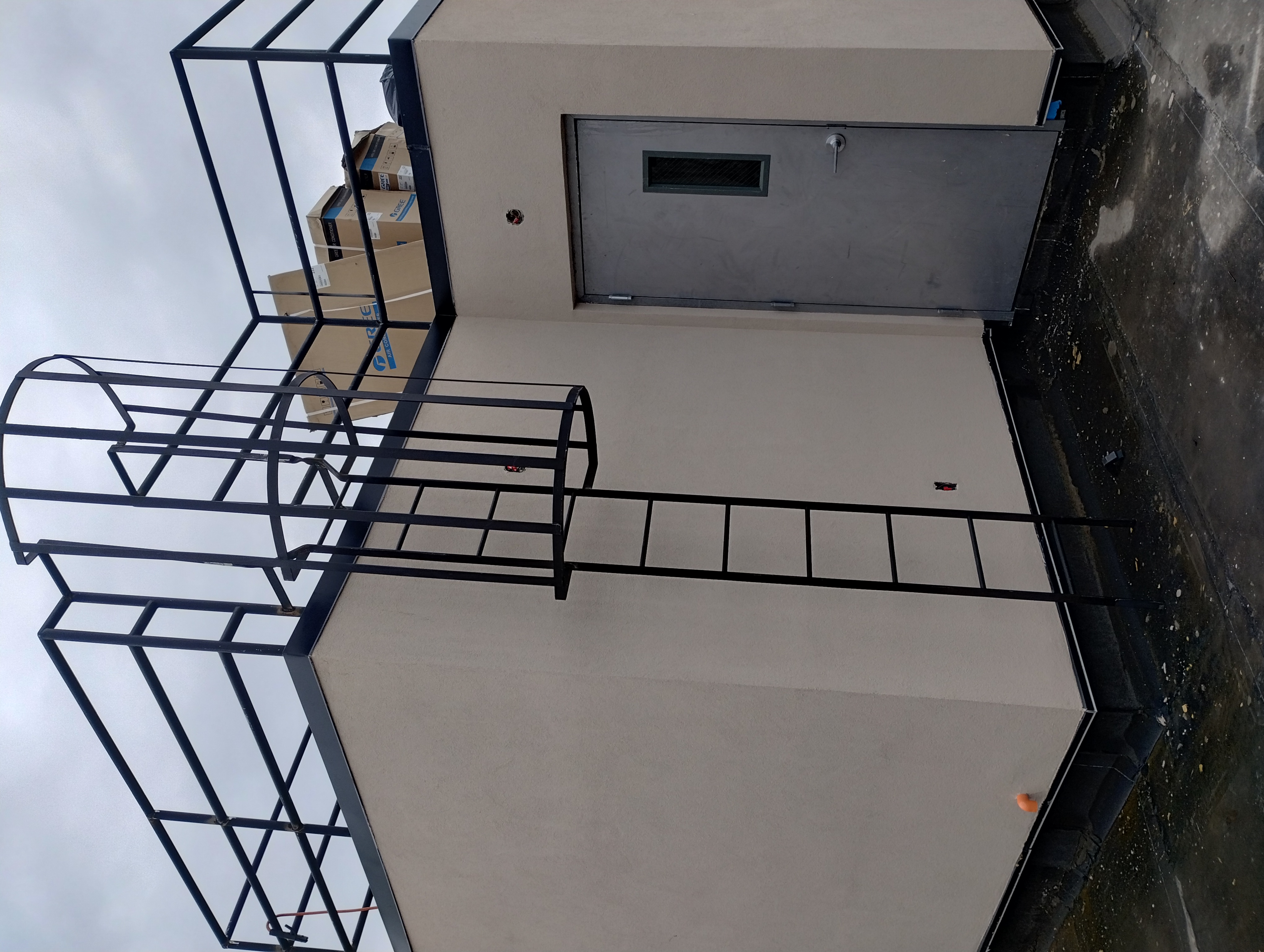 Black steel roof access ladder with a cage and rooftop railings